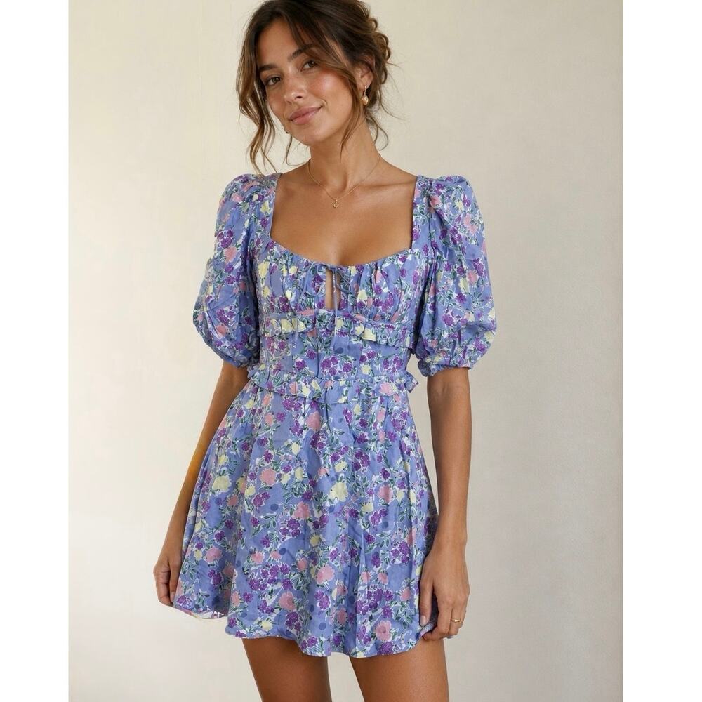 For Love & Lemons Charlene Floral Mini Dress XS Periwinkle NWT